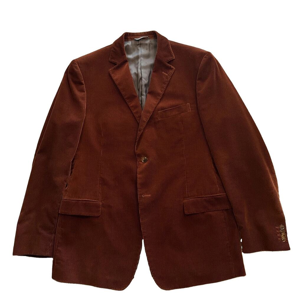 VTG Z Zegna Corduroy Blazer Jacket Mens Sz 46L Rust Brown Leather Undercollar